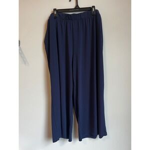 Roamans 1X Navy Blue Wide Leg Pull On Pants Polyester Spandex Casual‎ Comfort